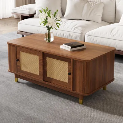 Produktbild von MODFU Nussbaum Couchtisch mit zwei Schiebetüren Beistelltisch abgerundete Ecken Sofatisch mit Stauraum Modernes Design Kaffeetisch