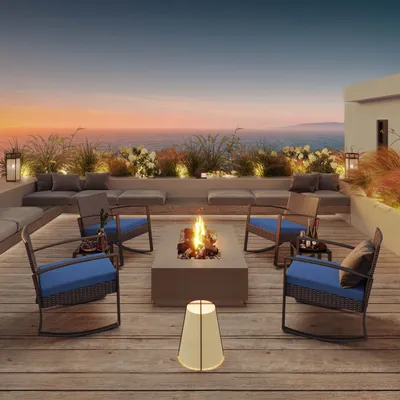 Immagine prodotto di Set di sedute in poly rattan Bealife 3 pezzi, set di mobili da giardino 2 persone, set di mobili da giardino, set di sedute per balcone con cuscini blu (1 tavolo + 2 sedie)