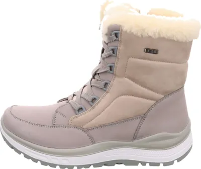 A side view of a beige winter boot with white soles and grey laces.