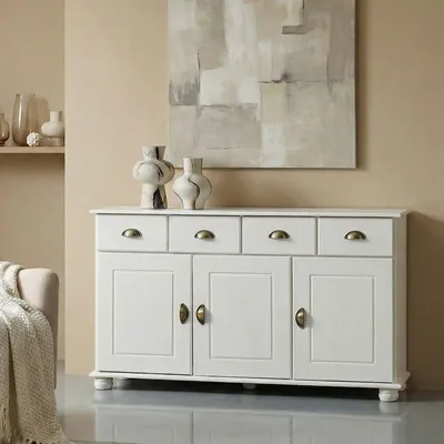 Produktbild von Sideboard COLMAR, Weiß - Landhaus Kommode mit 2 Schubladen und 3 Türen, Kiefer Massivholz, Muschelgriffe aus Metall, ideal für Flur oder Wohnzimmer