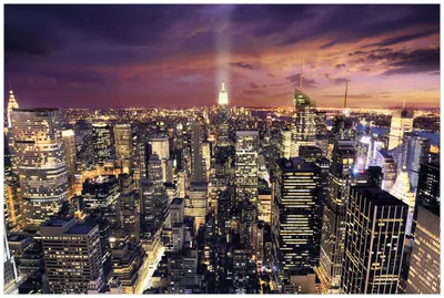 Produktbild von Wallario Wandbild aus Acryl, 90 x 60 cm, freischwebende Optik - New York bei Nacht - Panoramablick über die Stadt