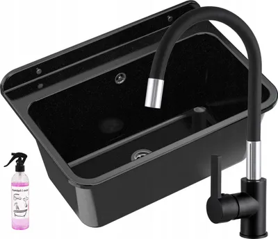 Immagine prodotto di Granitan | Lavabo - Lavello 61x41x30 cm - Lavello nero - Miscelatore FLEX II - con sifone - LARGE