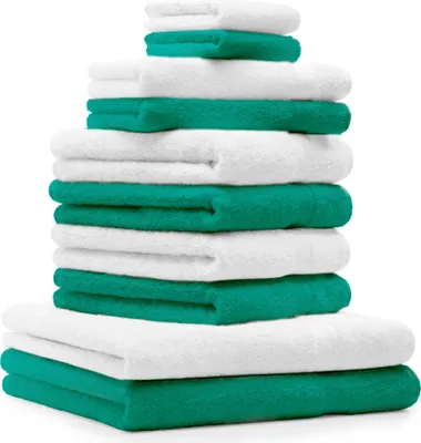 Produktbild von Betz 10-tlg. Handtuch-Set PREMIUM 2 Duschtücher 4 Handtücher 2 Gästetücher 2 Waschhandschuhe Farbe: smaragdgrün & weiß