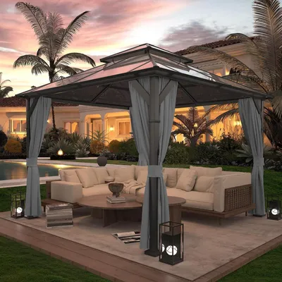 Immagine prodotto di Gazebo da giardino 3x3 metri, impermeabile, stabile, resistente alle intemperie, con tetto a doppia falda in policarbonato, colore grigio, dimensioni 305x305 cm