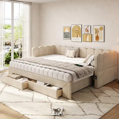 Image de Divan-lit 90x200 cm, extensible à 180x200 cm, avec deux tiroirs, ports USB-C/USB et espace de rangement, couleur beige, tissu chenille