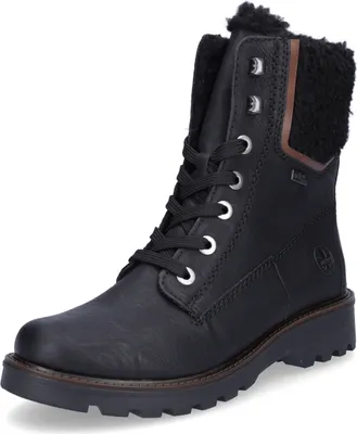 A black leather lace-up boot with a faux fur lining.