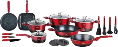 A collection of cookware and kitchen utensils arranged on a white background.