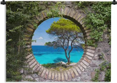 Produktbild von MuchoWow® Wandteppich Wandbehang Meer - Baum - Tropisch - Ausblick 60x45 cm Tapisserie Dekoration Wandtuch - Das Schlafzimmer