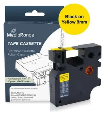Produktbild von MediaRange Kunststoff-Schriftbandkassette, für/ersetzt Dymo® 91222/S0721670, permanent haftend, 12mm, 4m, laminiert, schwarz auf gelb, Schwarz auf gelb, D1, Schwarz, Kunststoff, DYMO, Dymo LabelManager 100, 160, 210D, 220P, 260P, 280, 350, 350D, 360D, 420P, 450D, 500TS, PnP,...