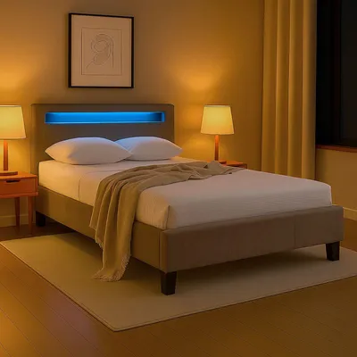 Produktbild von Polsterbett LASHIO mit LED Beleuchtung im Kopfteil 120x200 cm, Greige – modernes Bett mit Samt Stoffbezug, Jugendzimmer