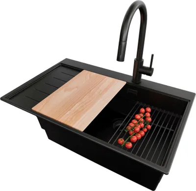 Produktbild von PRIMAGRAN Granitspüle Alles Schwarz 78x50cm, Spülbecken 1 Becken + Ablauf-Set + Küchenzubehörset, Küchenspüle ab 60er Unterschrank - Sydney