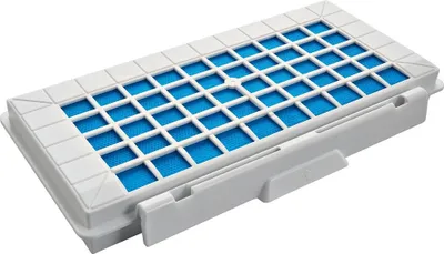 A white and blue air filter for a vacuum cleaner.