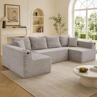 Produktbild von Cord-Sofa U-Form Wohnlandschaft mit Federkern U-f?rmiges Sofa mit Getr?nkehalter Seitentaschen Modulsofa Polstersofa Couch gro? 4-Sitzer Wohnzimmersofa Beige
