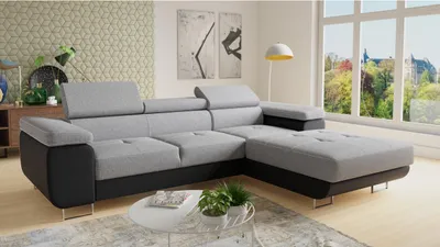 Produktbild von Ecksofa Divo mit einstellbare Kopfstützen und Schlaffunktion, Couchgarnitur, Sofagarnitur, Couch, Schlafsofa (Schwarz + Grau (Soft 011 + Sawana 21), Ecksofa Rechts)