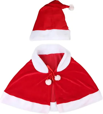 Produktbild von Weihnachtskostüm mit Umhang und Hut, festliches rot-weißes Weihnachtsoutfit, weiches Samt-Weihnachtsmannkostüm, Einheitsgröße, Make-up-Kleidungsaccessoires