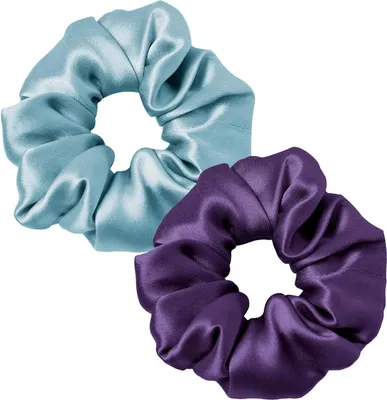 Image de Chouchous en soie 100% pure soie de mûrier Bleu brumeux Violet foncé 2pcs