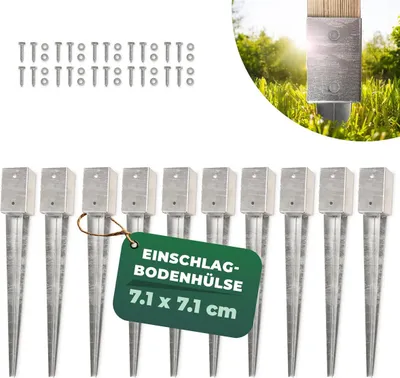 Produktbild von Novatool 10x Einschlagbodenhülsen-Set 91x91x750mm Bodenhülse Sonnenschirm Pfostenträger Zaunpfosten Holzpfosten Bodenhülsen Einschlaghülse Bodenanker Erdspieß zum Einschlagen, verzinkt, mit Schrauben