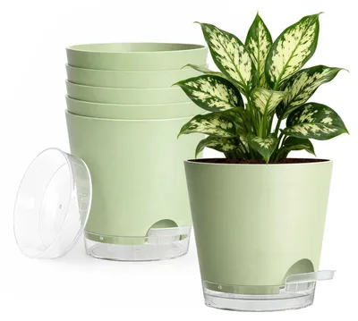 Immagine prodotto di Vasi da fiori con sistema di autoirrigazione, 15 cm, color verde salvia, set da 6, in plastica, con sistema di irrigazione integrato