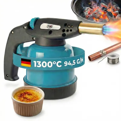 Produktbild von Lötbrenner Gasbrenner Bunsenbrenner | TOM GB-190 | 1300W | 94,5 g/h | Piezozündung | Kartuschen Brenner Stufenlos regulierbar