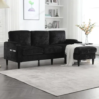 Produktbild von LVHOM 3-Sitzer-Sofa mit Hocker, 196,5 cm Modulares Sofa mit Getränkehälter und Seitentaschen, Sitzbank Chenille mit Stauraum, Couchgarnitur, Schwarz