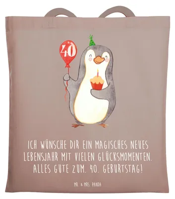 Produktbild von Mr. & Mrs. Panda Einkaufstasche 40. Geburtstag Pinguin Luftballon - Braun Pastell - Geschenk, Tasche, Alltagstasche, Laptoptasche, Happy Birthday, Tote Bag, Geburtstage