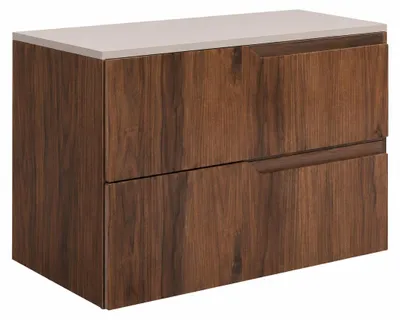 Image de Armoire de salle de bain suspendue, 80 cm de large, avec tiroirs, corps en noyer et façade en bois de cachemire, dimensions : 80 x 46 x 58,6 cm, Image générée par une IA