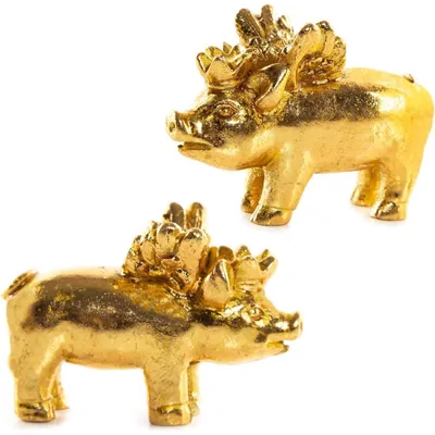 Produktbild von 2 goldfarbene Glücksschweine mit Krone & Flügeln - 4 cm