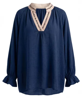 Produktbild von Damen Bluse blau S mit V-Ausschnitt und dreiviertellangen Bischofsärmeln