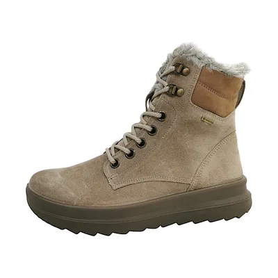 A single tan boot with fur lining is shown against a white background.