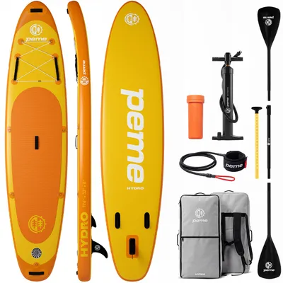 Obrázek produktu pro PEME Stand Up Paddle Board – Bright Sun – 350 cm – dvojité pádlo a kompletní příslušenství, SUP, nafukovací surf, nosnost až 166 kg – žlutá a oranžová