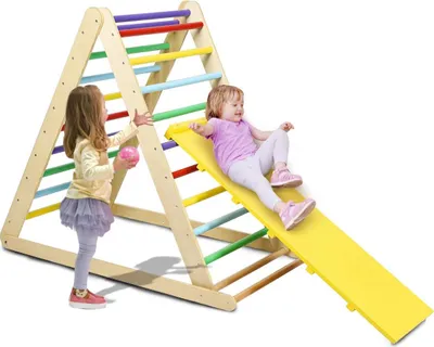 Produktbild von Kletterdreieck Sprossendreieck mit Rutschbrett, Indoor Klettergerüst klappbar für Kinder ab 3 Jahr, Kletterspielzeug Holzdreieck mit Mehrfarbigen Stufen, Klettergerät Dreieck aus Massivholz