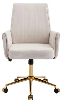Image de Chaise de bureau ergonomique à dossier mi-haut – Chaise de bureau blanche, revêtement en velours côtelé, réglable en hauteur, 64 x 61 x 107 cm, pour le travail, les études et la détente