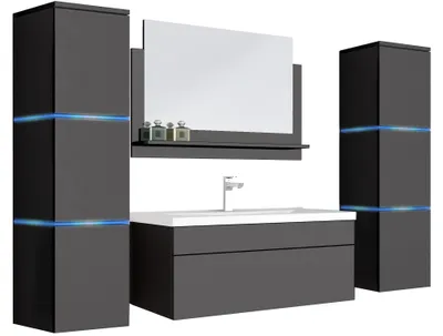 Produktbild von 5 teiliges XXL Badmöbel Set Waschplatz inkl. LED Beleuchtung hochglanz Schwarz
