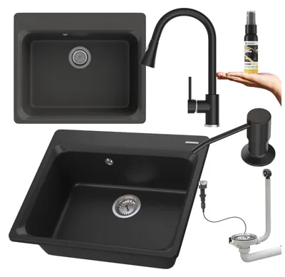 Obrázek produktu pro Granitan - Granitový dřez - Dřez 61,9x52,2 cm - Kuchyňský dřez černý - s baterií a sifonem - ZANTE
