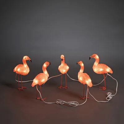Produktbild von Konstsmide - LED Acryl Flamingos, 5er-Set, 40 bernsteinfarbene Dioden, 24V_Außentrafo, weißes Kabel