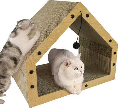 Produktbild von Heikoeco® Kratzpappe für Katzen Groß XXL mit Ball, Hausform Kratzbretter Katze, Betten, Decken & Möbel für Katzen aus hochwertiger Pappe, 40x30x40cm