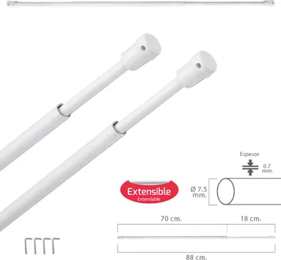 Produktbild von Gardinenstange ausziehbar 70/88 cm. Mit Stütze, ohne Feder (2 Stk.)