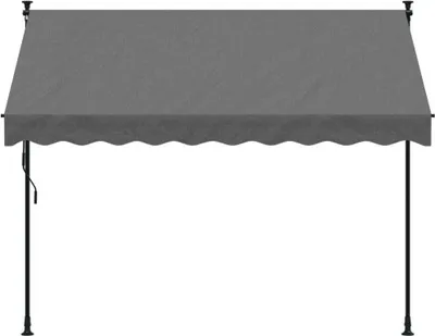 A gray awning with a scalloped edge, supported by two black poles.