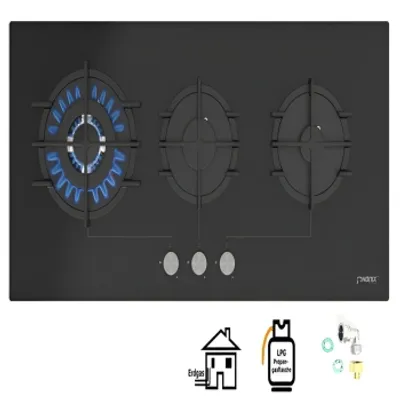 A black gas stovetop with three burners, one of which is lit with a blue flame. Below the stovetop are three control knobs. Icons indicating LPG and natural gas connection are shown below the stovetop.