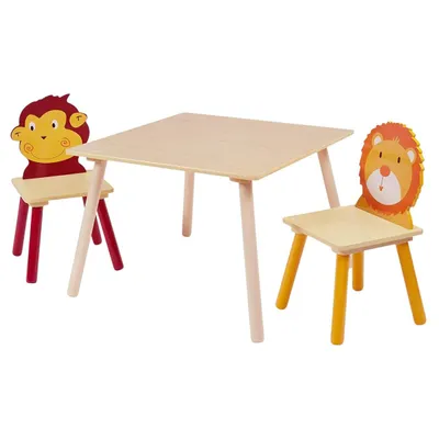 Produktbild von Ginger Home Kindertisch mit 2 Stühlen, Set aus Holz, Lern- und Spieltisch für Kinder, ANIMALS, Kindermöbel