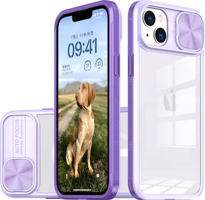 Immagine prodotto di Custodia per iPhone 13 / iPhone 14 Custodia ibrida trasparente in TPU con cover fotocamera scorrevole Viola