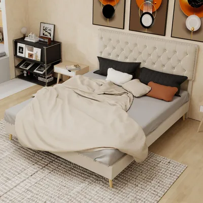 Produktbild von okwish Jugendbett 160x200Doppelbett mit Holzbettrahmen und  hohe Kopfteil,Bettgestell ohne Gasstange,Holzbett aus Samt,Beige(ohne Matratze)