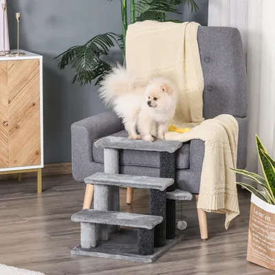 Produktbild von Katzentreppe 3 Stufen mit Kratzsäule & Spielball, Haustiertreppe, Tiertreppe Plüsch Jute, Grau | 45 x 40 x 48 cm | 5,3 kg | für Sofa & Bett
