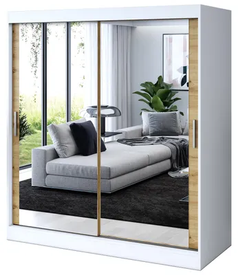 Zdjęcie produktu dla Szafa przesuwna Biały Mat/ Dąb Artisan - 180x200cm - Szafa przesuwna KARL - z 2 lustrami- do sypialni i garderoby