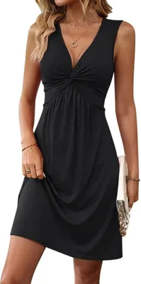 Image de ASKSA Femme Col V Robe sans manches Unicolore Robe de plage Robe tunique décontractée Robe d'été (A Noir,S)