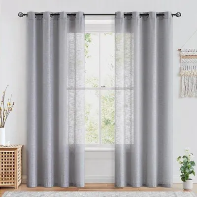 Immagine prodotto di Tende effetto lino, stile rustico, semitrasparenti, 100% poliestere, set di 2, 245 x 127 cm (altezza x larghezza), 8 passanti argentogrigi, ideali per soggiorno/camera da letto