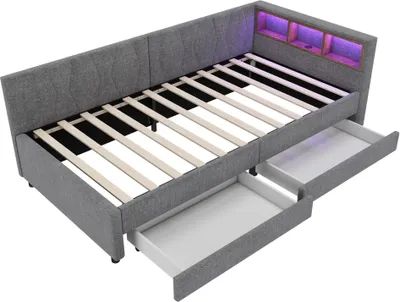 Produktbild von Schlafsofa 90x200cm Tagesbett£šohne Matratze£©Daybett mit Ablagefach USB+Typ C mit 2 Schubladen Mit Lattenrost Grau Leinen Stauraumbett Gaestebett