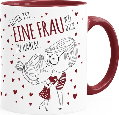 Produktbild von personalisierte Kaffee-Tasse Liebespaar Pärchen mit Liebesbotschaft Liebes-Geschenk Freundin Mann SpecialMe® Glück ist eine Frau inner-bordeaux Keramik-Tasse
