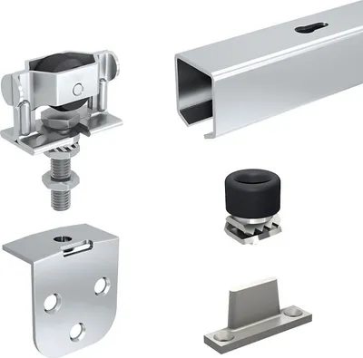 A collection of sliding door hardware components, including a track, roller, and stoppers, displayed against a white background.