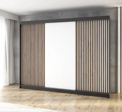 Produktbild von Schwebetürenschrank, 3-türig Schrank mit 4 Schubladen, und 3D-Lamellen Premum! Moderne Garderobe für Kleidung. Verschiedene Farben (Weiß, Schwarz, Somona) Kleiderschrank IOSA 200 cm
